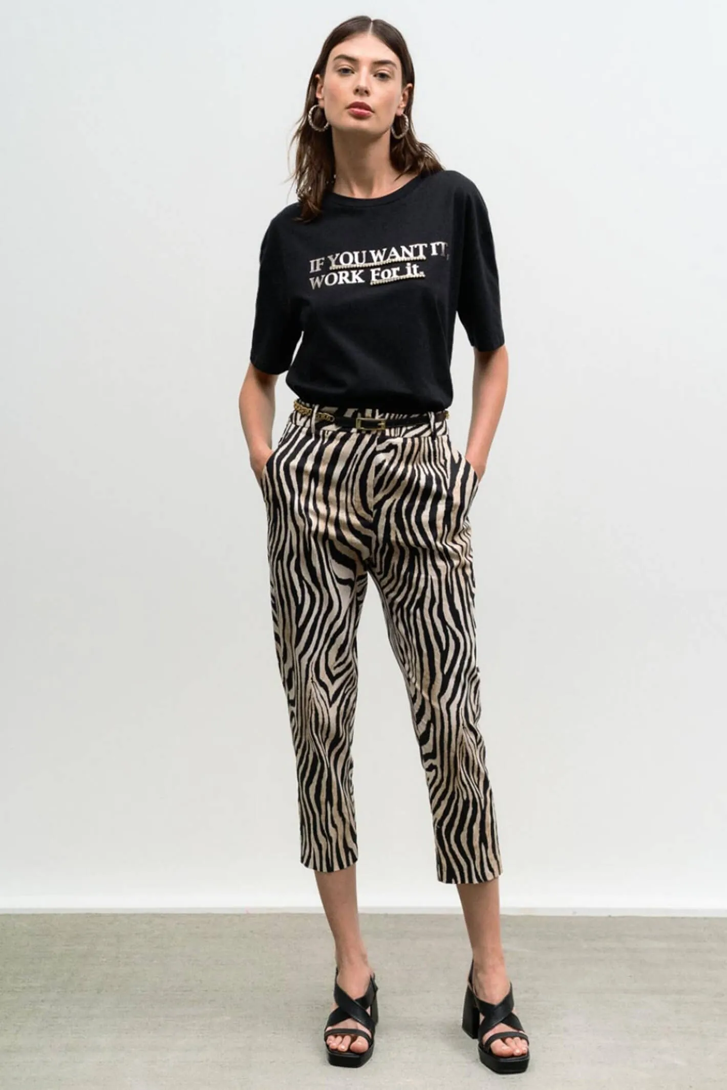 Access Fashion 5080 Beige Zebra Print Straight Leg Trousers