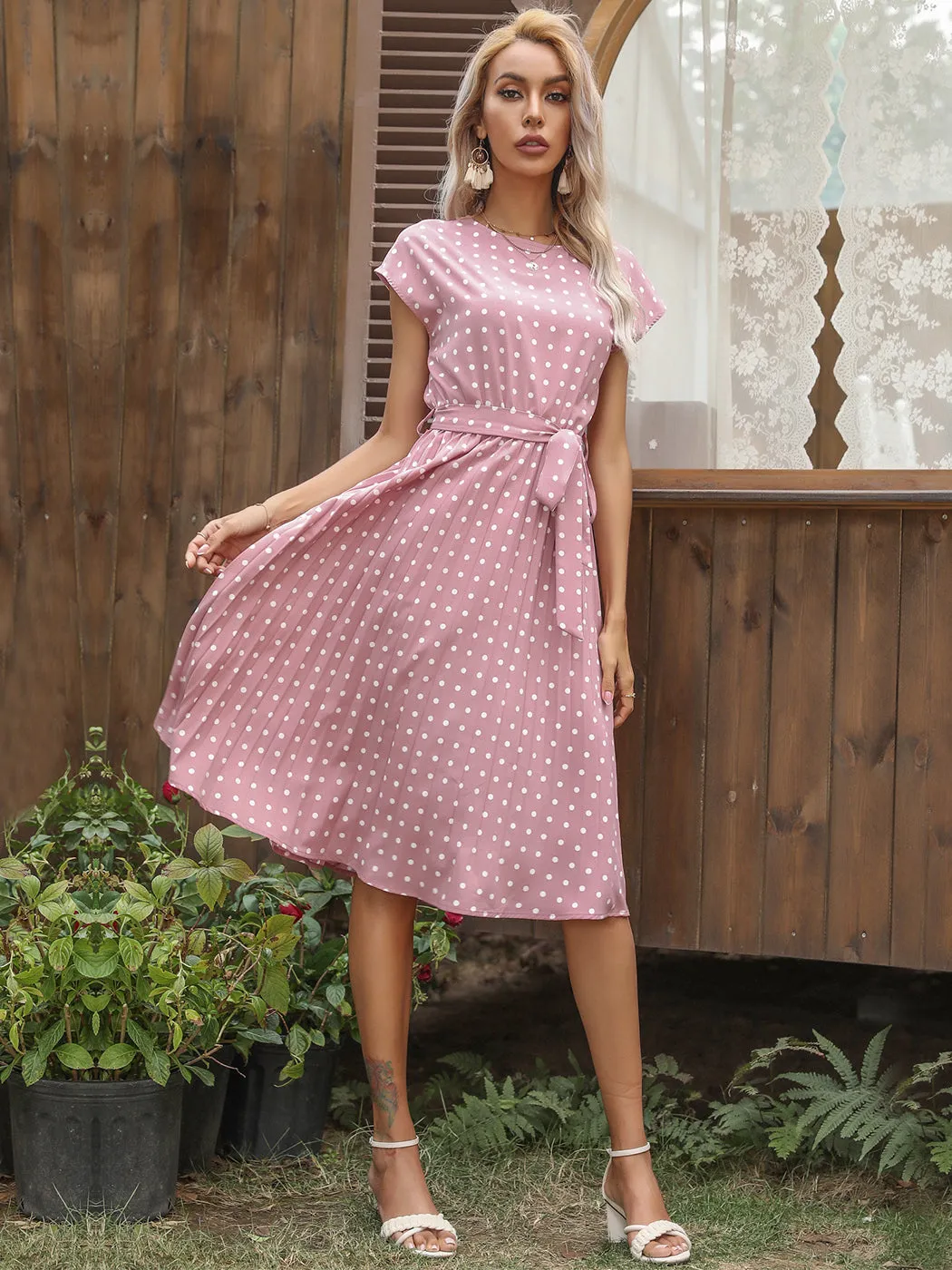 Anna-Kaci Women Short Sleeve RuffleTrim Polka Dot Casual Swing T Shirt Midi Dress Knee Length