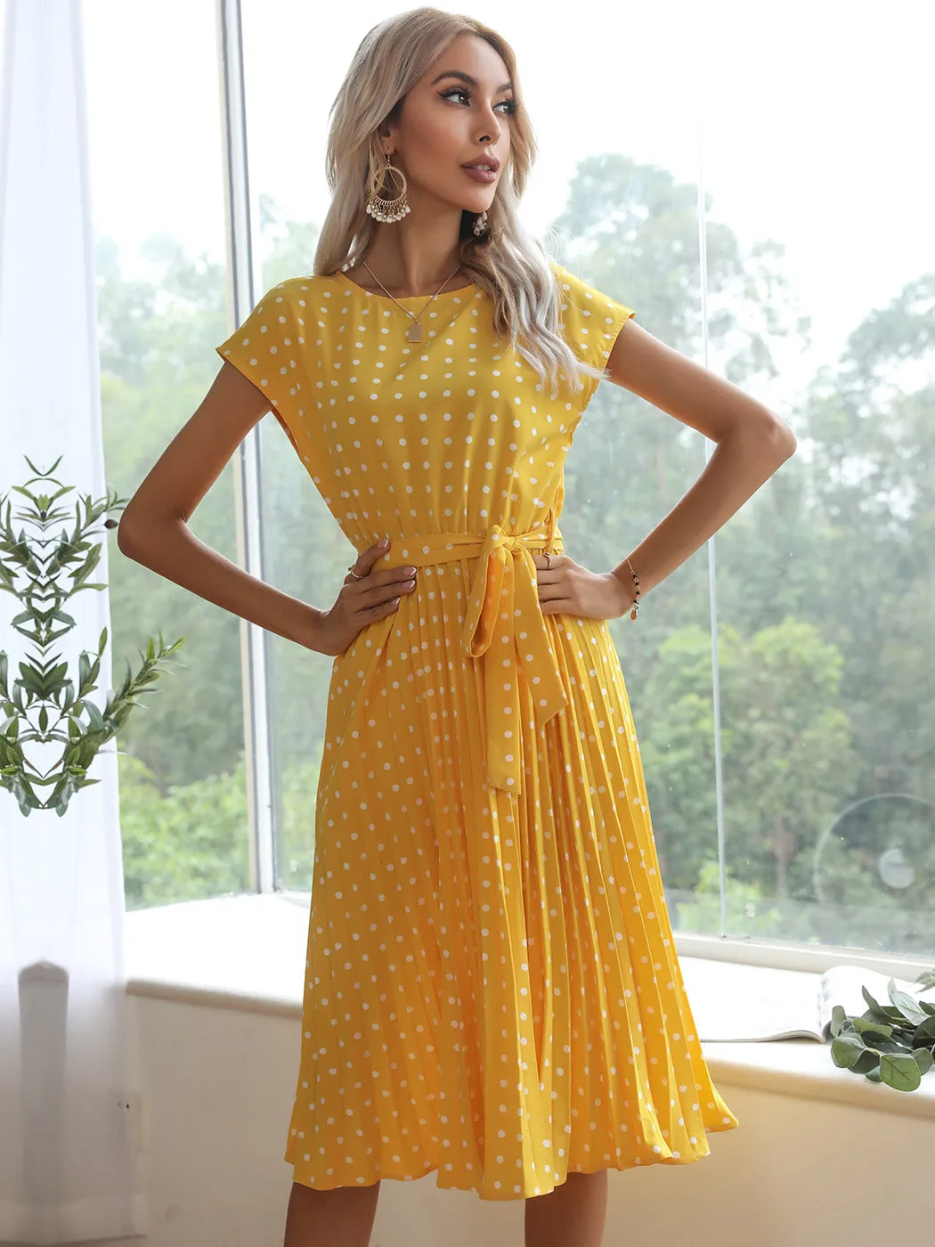 Anna-Kaci Women Short Sleeve RuffleTrim Polka Dot Casual Swing T Shirt Midi Dress Knee Length