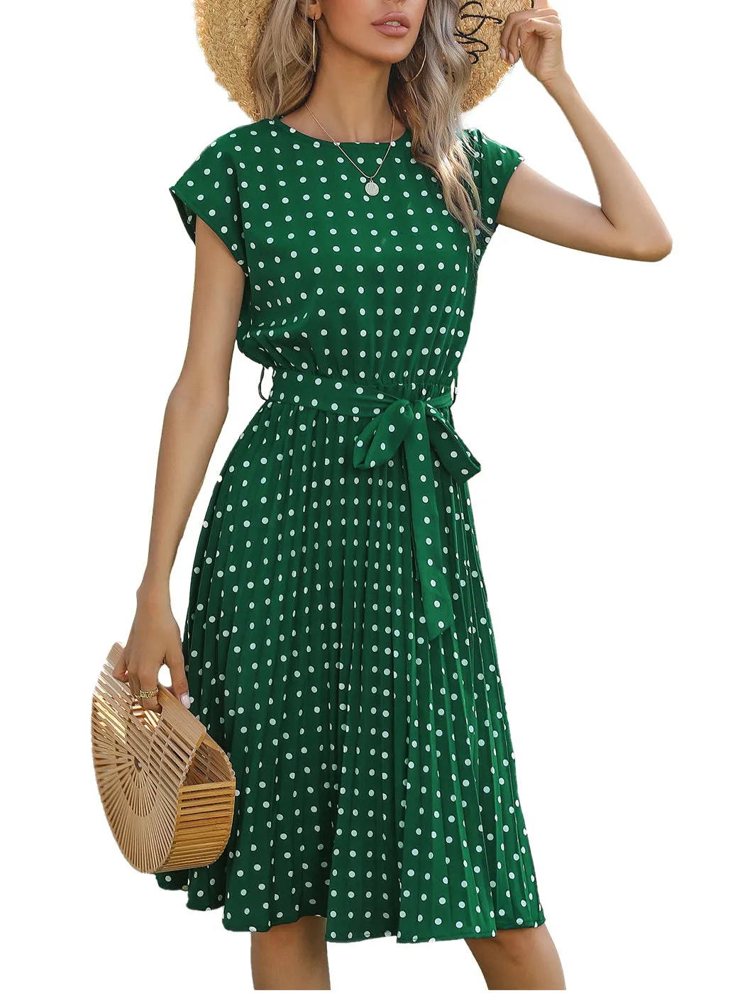 Anna-Kaci Women Short Sleeve RuffleTrim Polka Dot Casual Swing T Shirt Midi Dress Knee Length