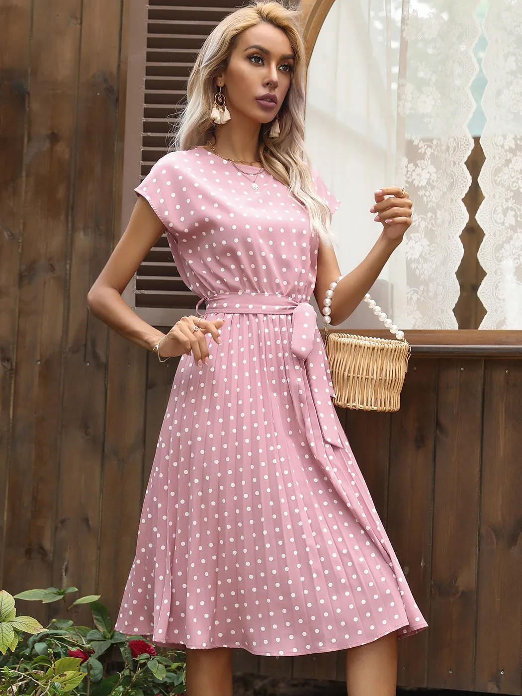 Anna-Kaci Women Short Sleeve RuffleTrim Polka Dot Casual Swing T Shirt Midi Dress Knee Length