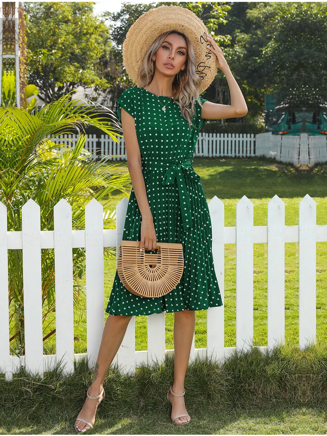 Anna-Kaci Women Short Sleeve RuffleTrim Polka Dot Casual Swing T Shirt Midi Dress Knee Length