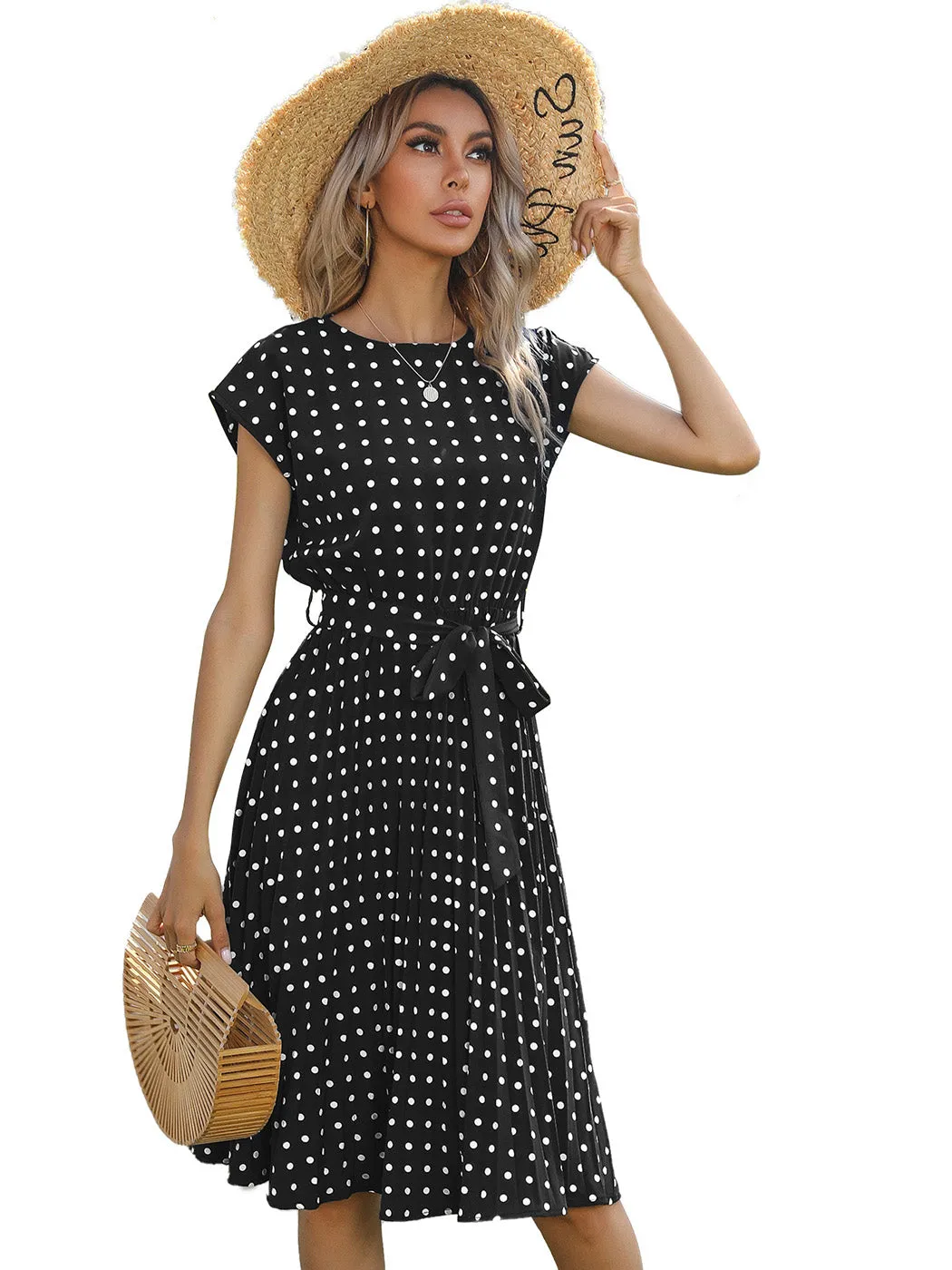Anna-Kaci Women Short Sleeve RuffleTrim Polka Dot Casual Swing T Shirt Midi Dress Knee Length