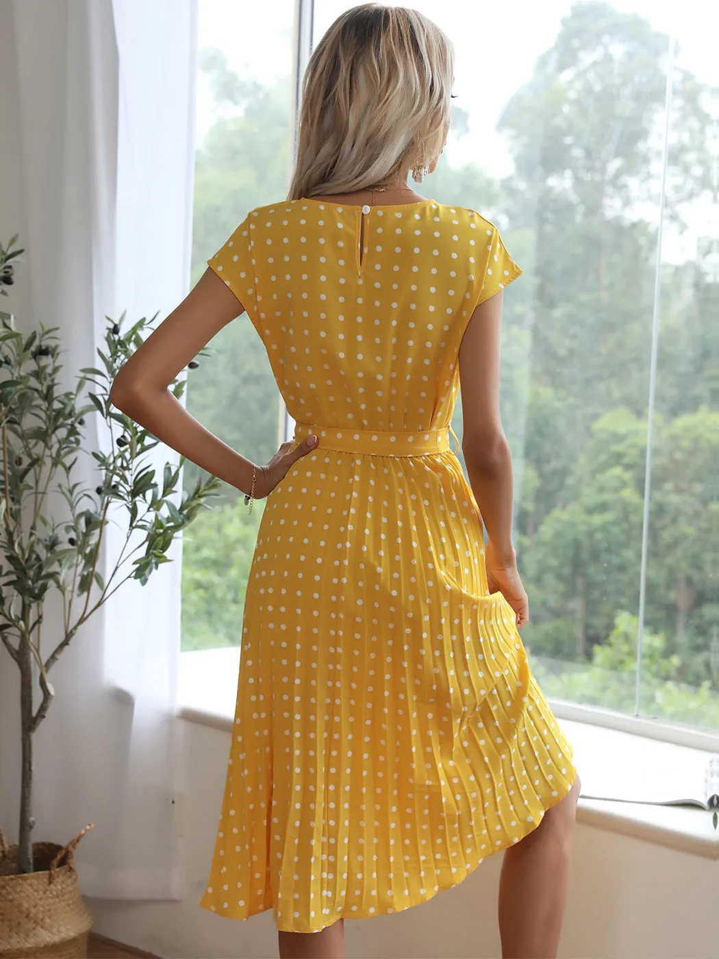 Anna-Kaci Women Short Sleeve RuffleTrim Polka Dot Casual Swing T Shirt Midi Dress Knee Length