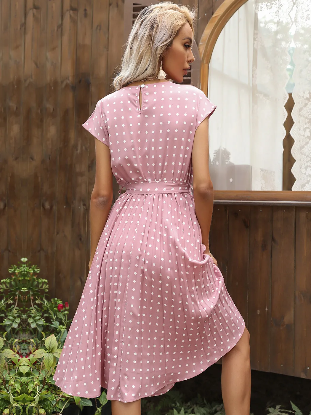 Anna-Kaci Women Short Sleeve RuffleTrim Polka Dot Casual Swing T Shirt Midi Dress Knee Length