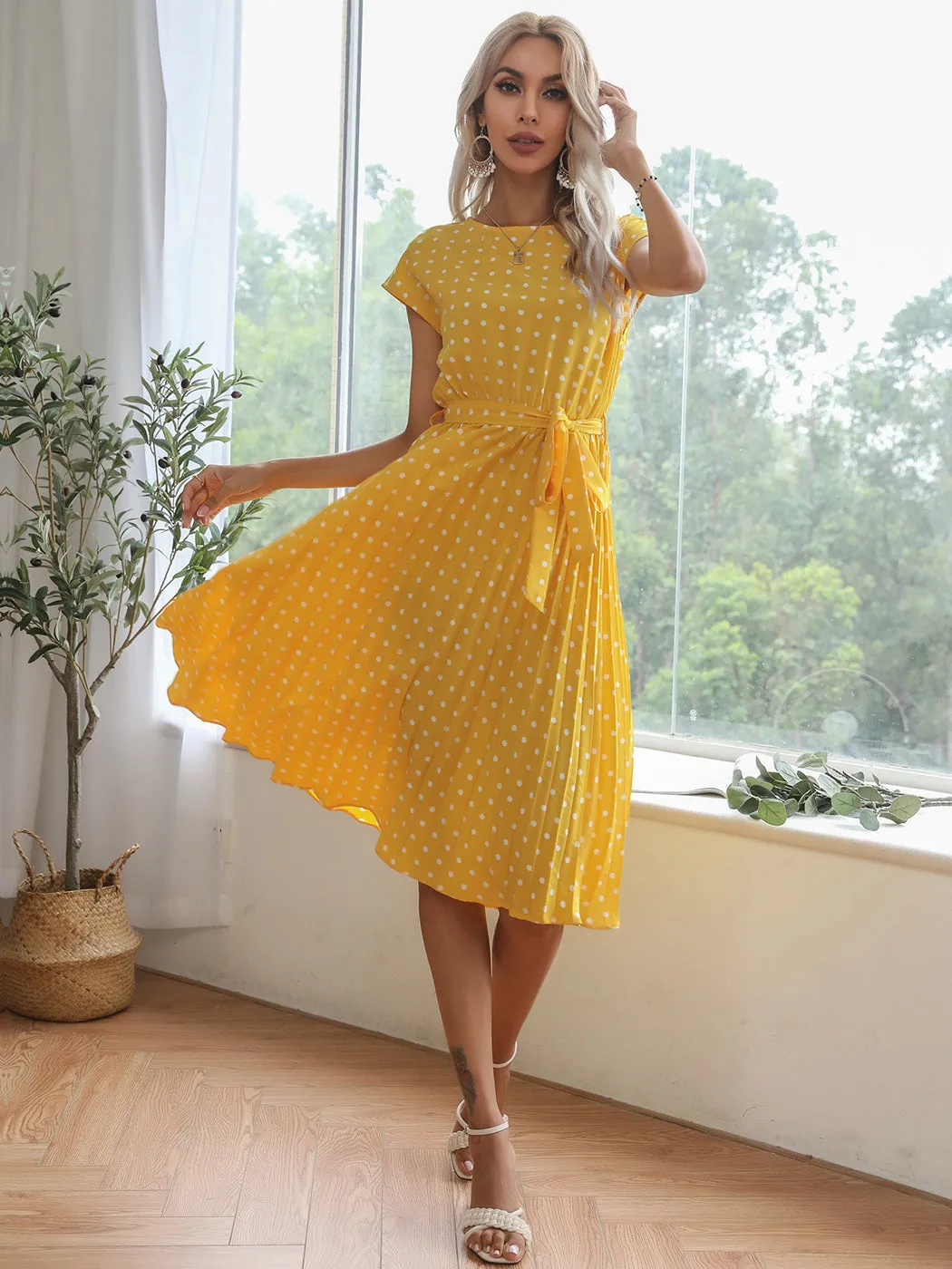 Anna-Kaci Women Short Sleeve RuffleTrim Polka Dot Casual Swing T Shirt Midi Dress Knee Length