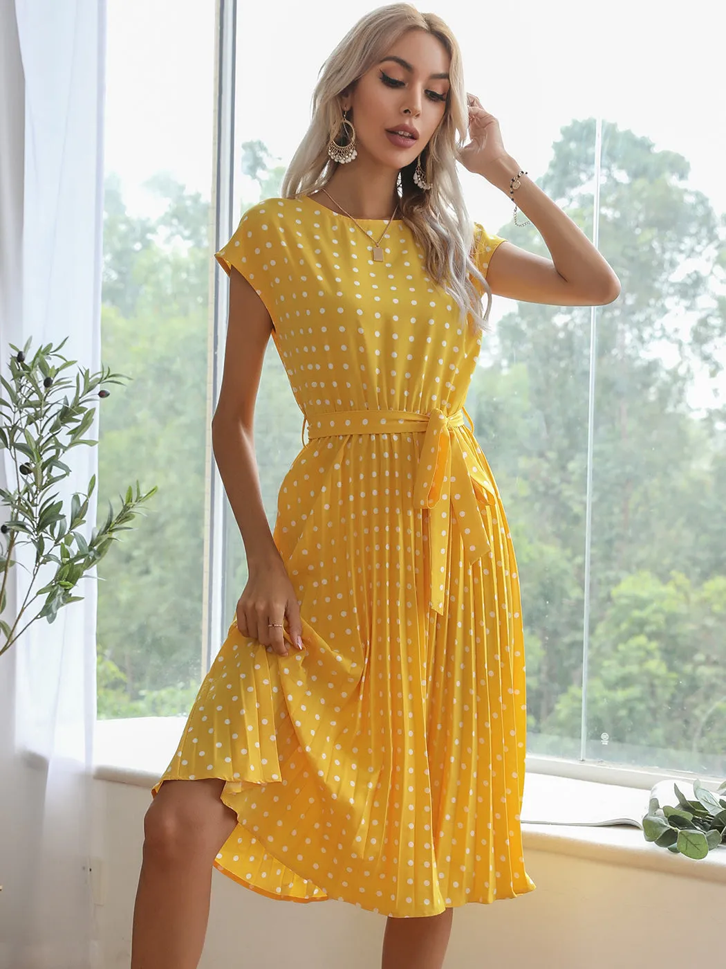 Anna-Kaci Women Short Sleeve RuffleTrim Polka Dot Casual Swing T Shirt Midi Dress Knee Length
