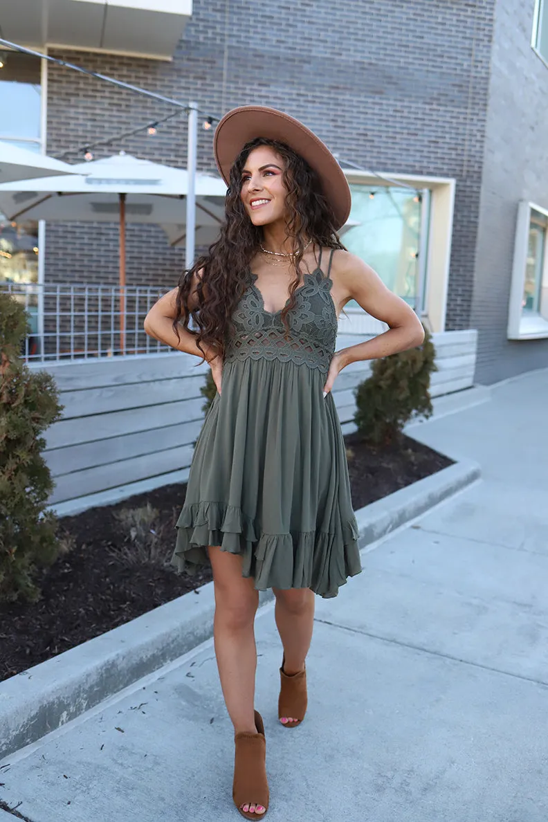 Arabella Scalloped Lace Bralette Dress  - Olive