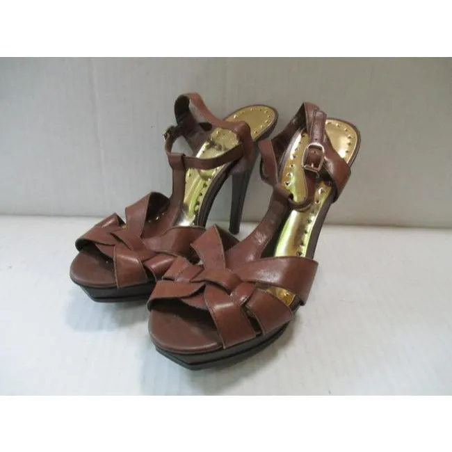 Bcbg Paris Brown T Strap Stacked Heel Sandals Size Us