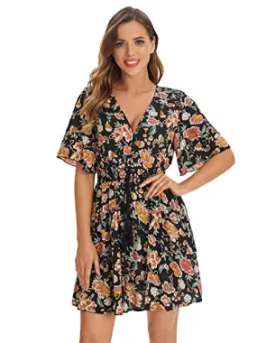 Black And White Floral Women's Boho Button Up Split Floral Print Flowy Party Dress - Milumia