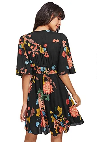 Black And White Floral Women's Boho Button Up Split Floral Print Flowy Party Dress - Milumia