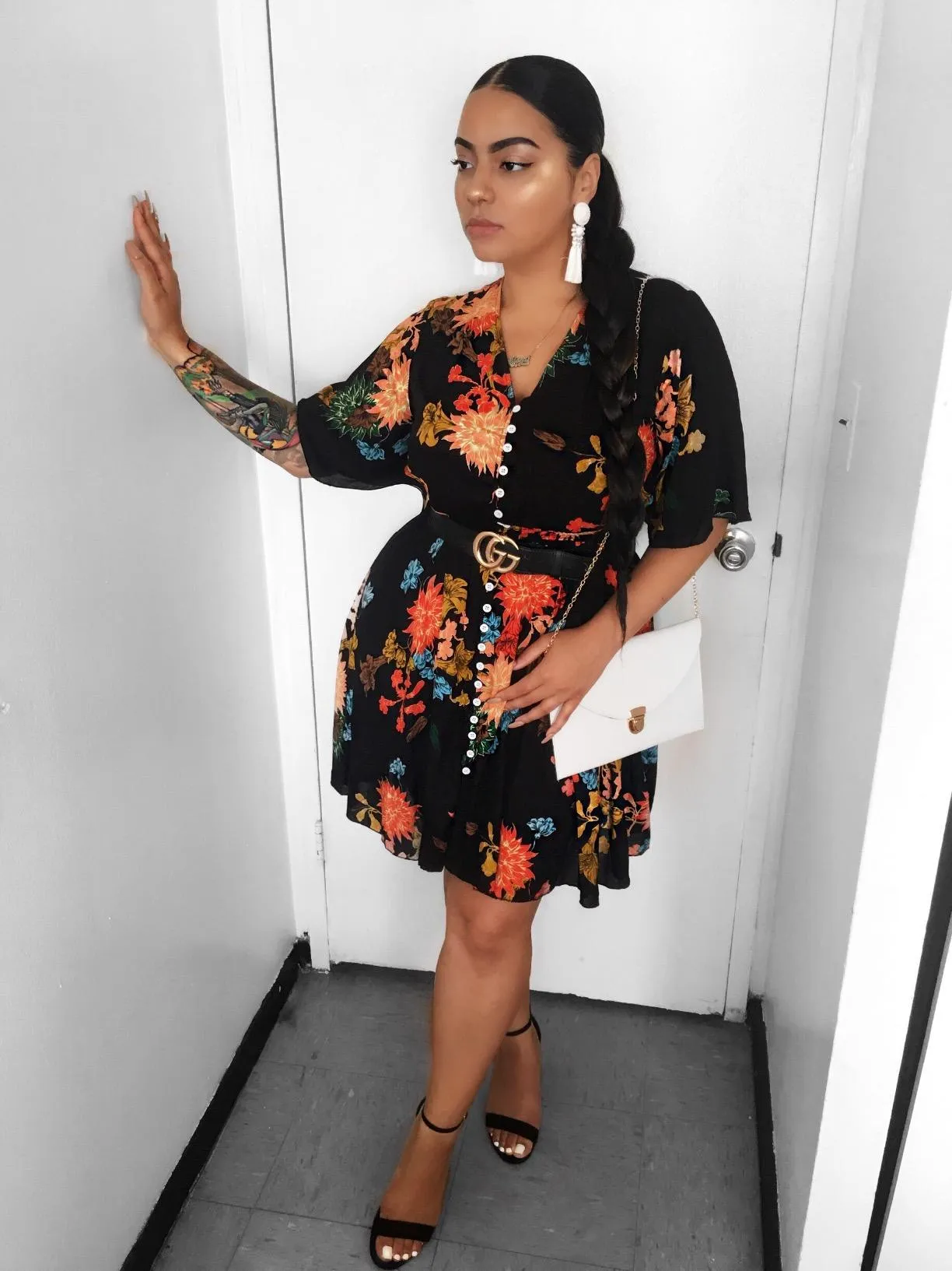 Black And White Floral Women's Boho Button Up Split Floral Print Flowy Party Dress - Milumia