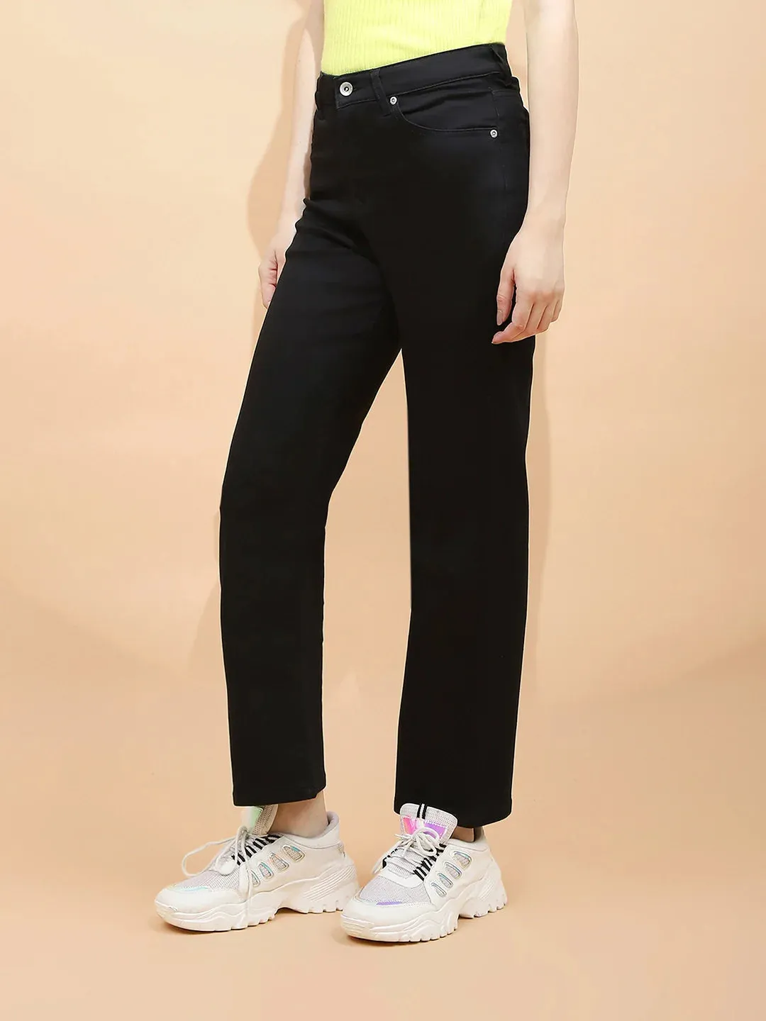Black Cotton Blend Straight Fit Trouser For Women