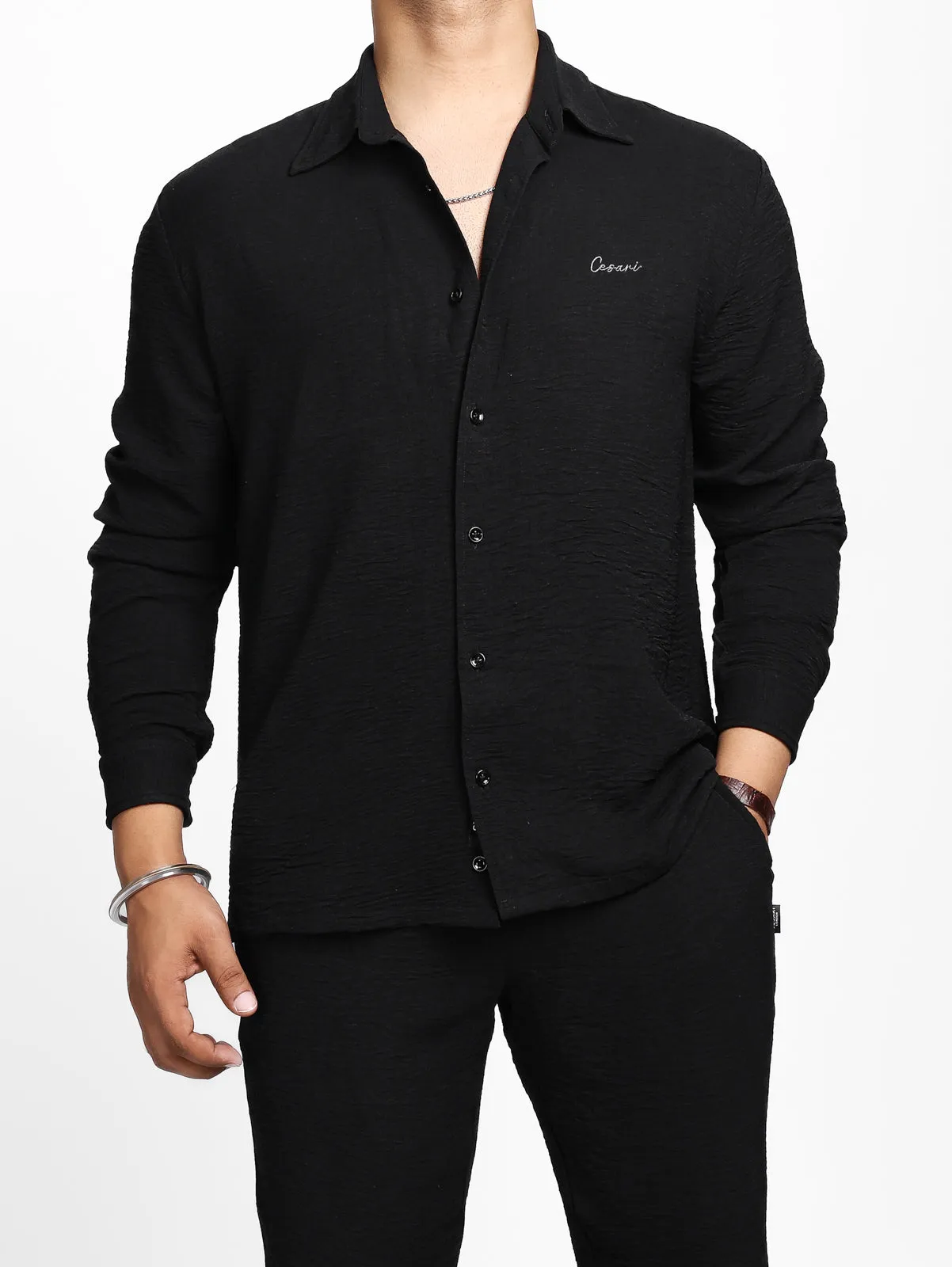 Black Crease Effect Relaxed Shirt