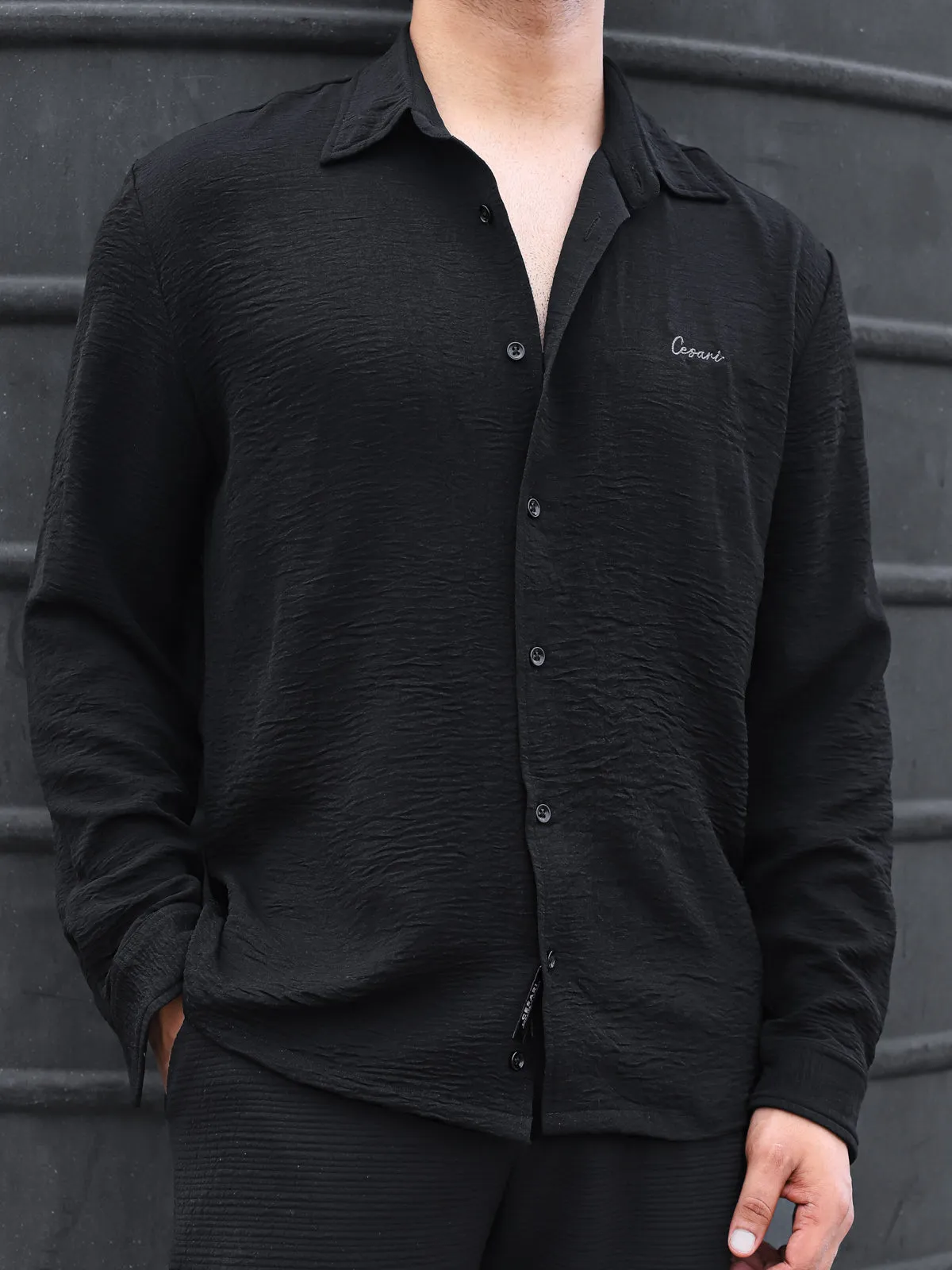 Black Crease Effect Relaxed Shirt