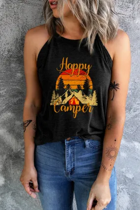 Black Happy Camper Pattern Printed Color Block Slim Fit Tank Top