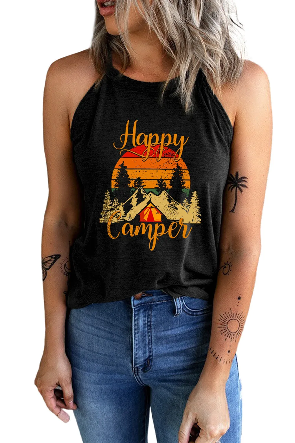 Black Happy Camper Pattern Printed Color Block Slim Fit Tank Top