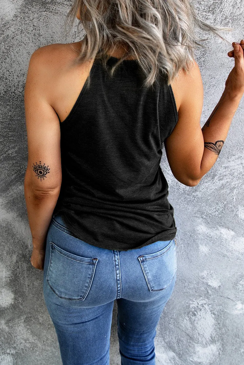 Black Happy Camper Pattern Printed Color Block Slim Fit Tank Top