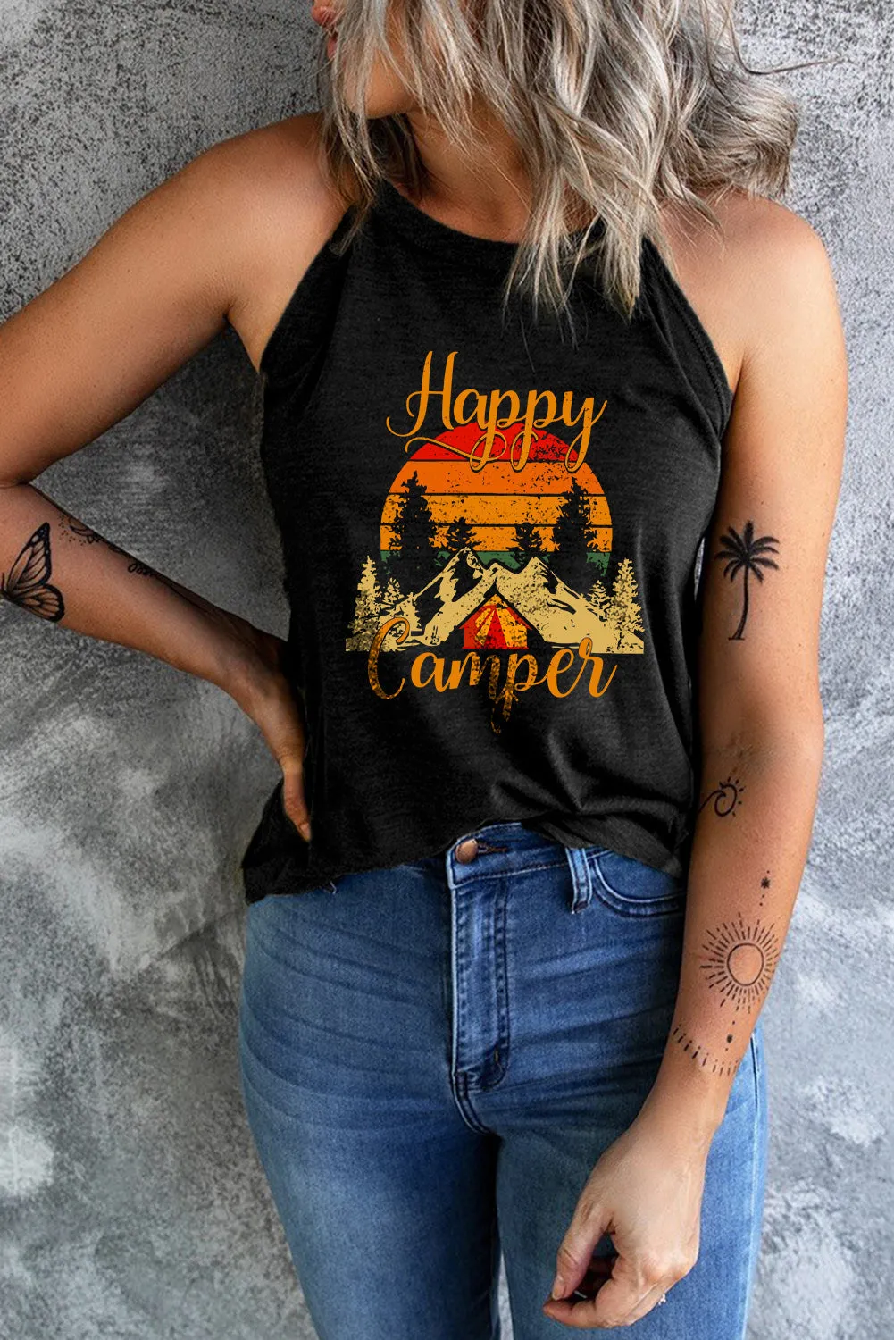 Black Happy Camper Pattern Printed Color Block Slim Fit Tank Top