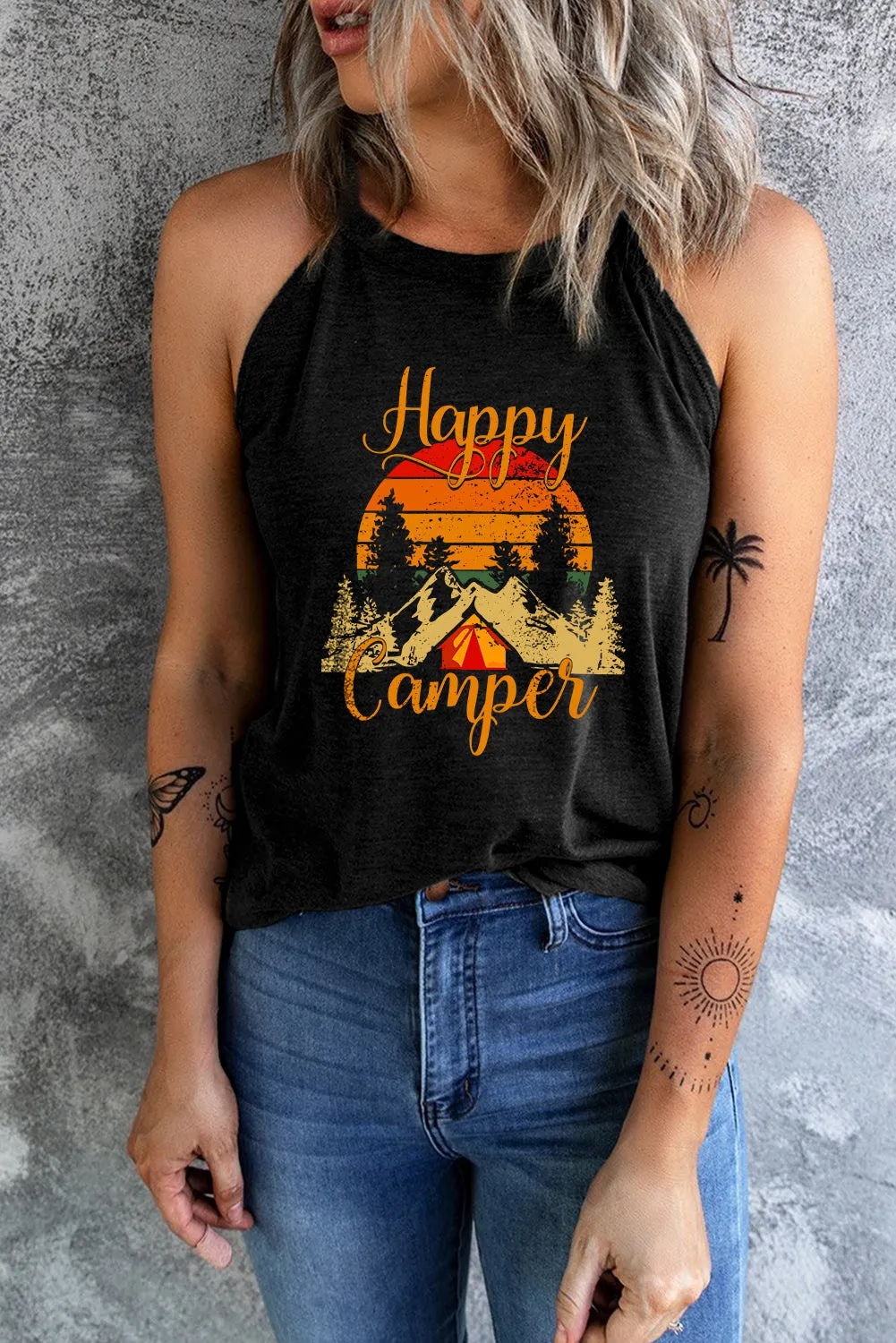 Black Happy Camper Pattern Printed Color Block Slim Fit Tank Top
