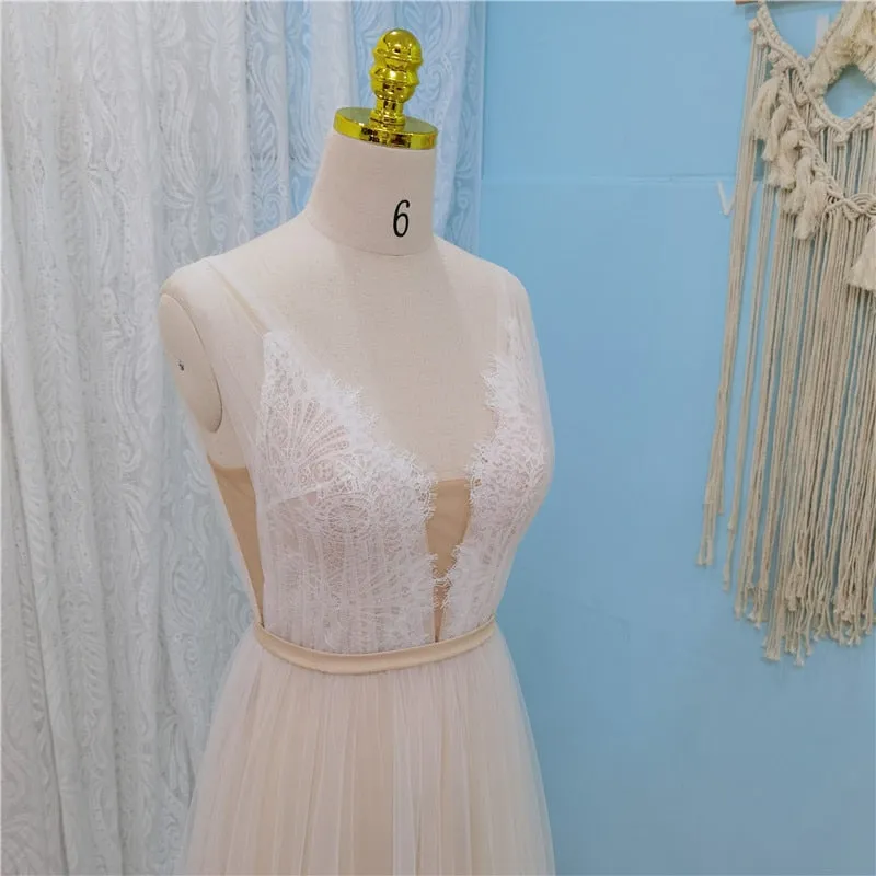 Boho Beach Wedding Dress Sexy Illusion Lace Tulle V Neck Backless  Bridal Gown