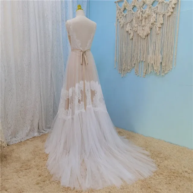 Boho Beach Wedding Dress Sexy Illusion Lace Tulle V Neck Backless  Bridal Gown