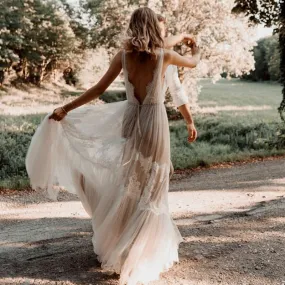 Boho Beach Wedding Dress Sexy Illusion Lace Tulle V Neck Backless  Bridal Gown