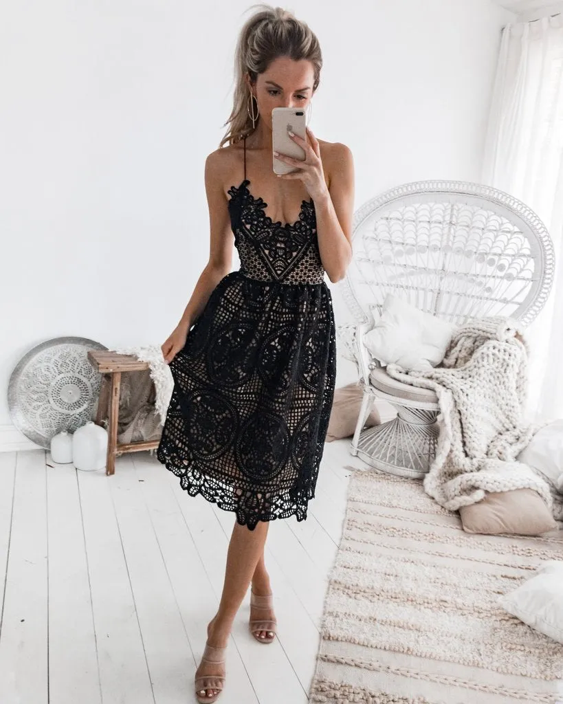 Boho Midi Dress, Sundress, Strapy Lace Chloe  in Black