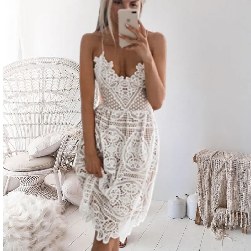 Boho Midi Dress, Sundress, Strapy Lace Chloe  in Black
