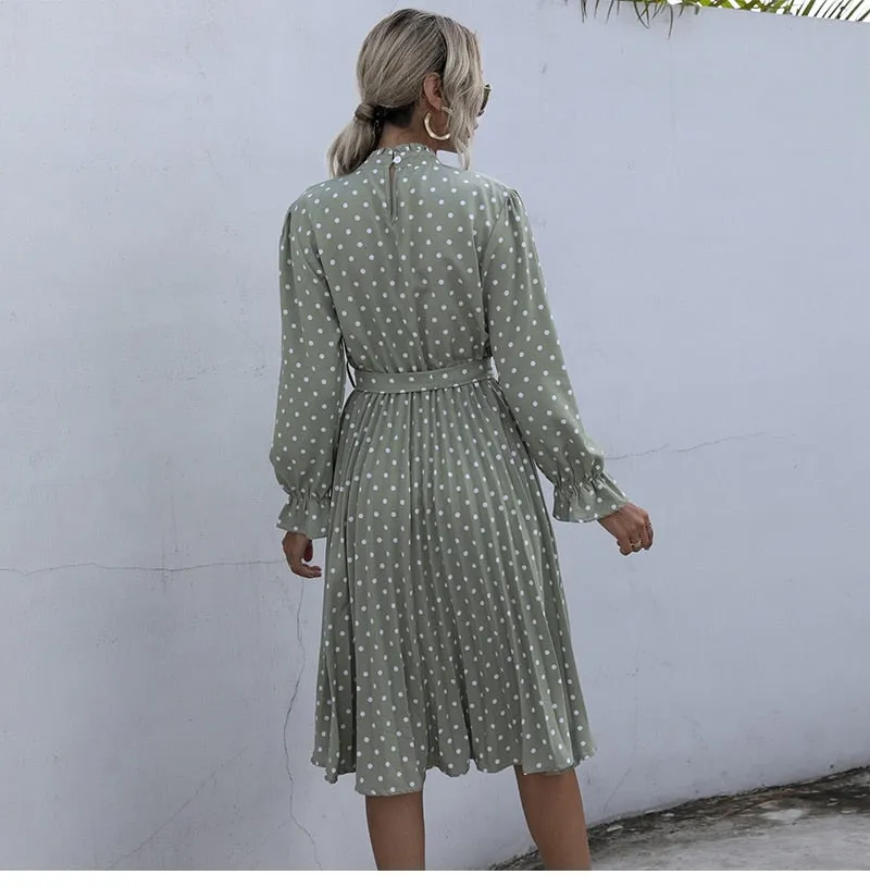 Boho Midi Dress, Vintage Love Polka Dot in White and Green