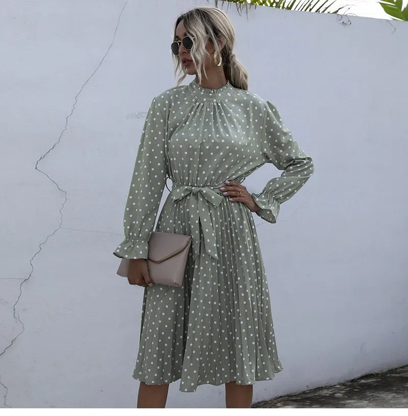 Boho Midi Dress, Vintage Love Polka Dot in White and Green