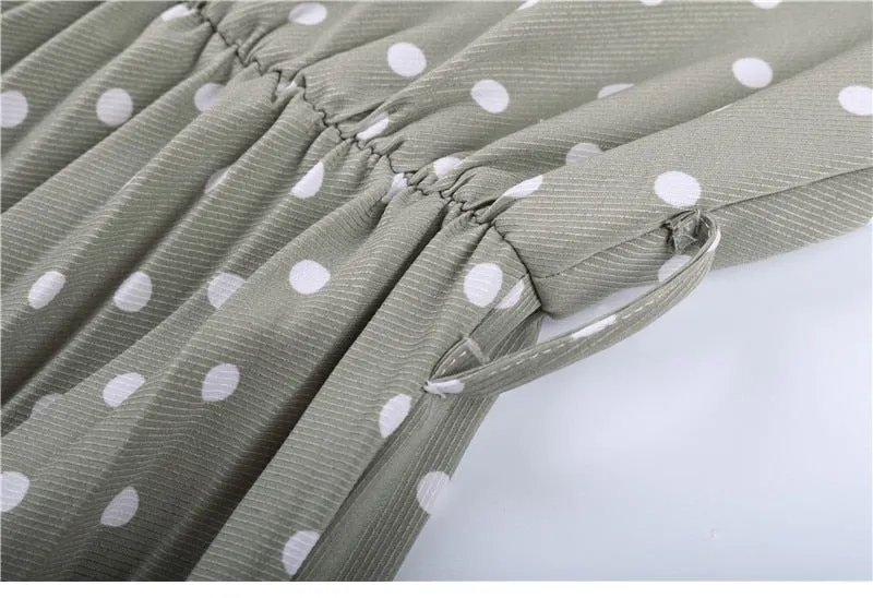 Boho Midi Dress, Vintage Love Polka Dot in White and Green