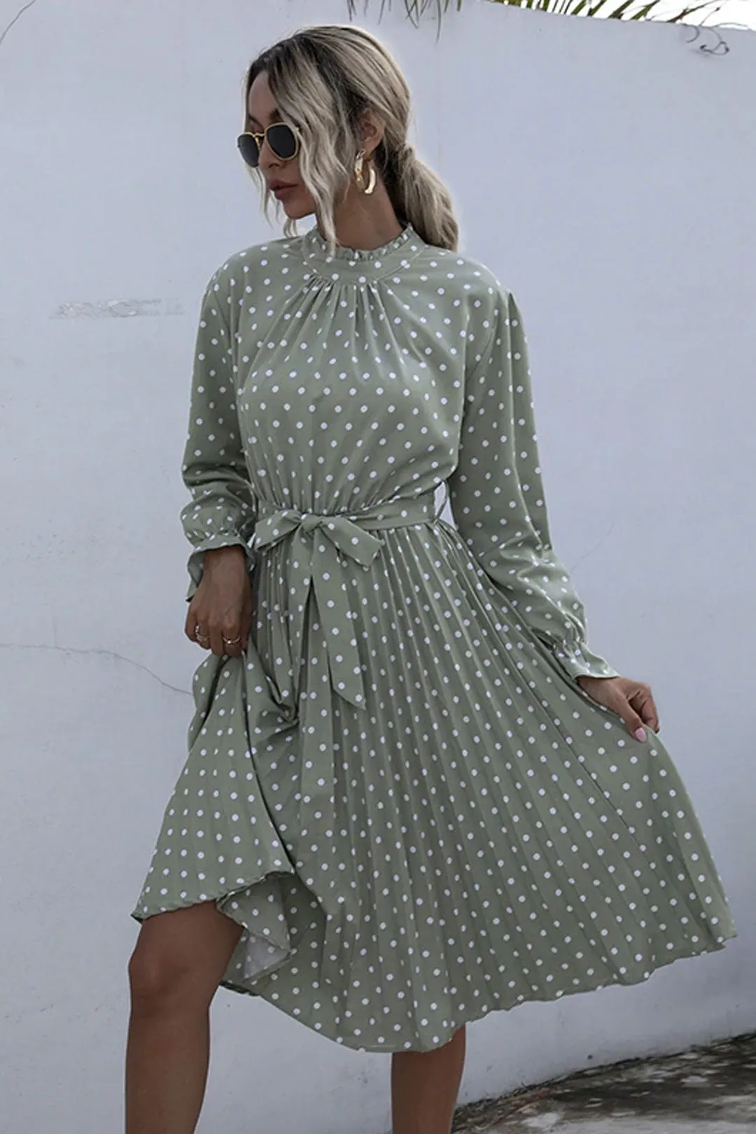 Boho Midi Dress, Vintage Love Polka Dot in White and Green
