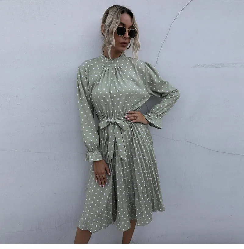 Boho Midi Dress, Vintage Love Polka Dot in White and Green