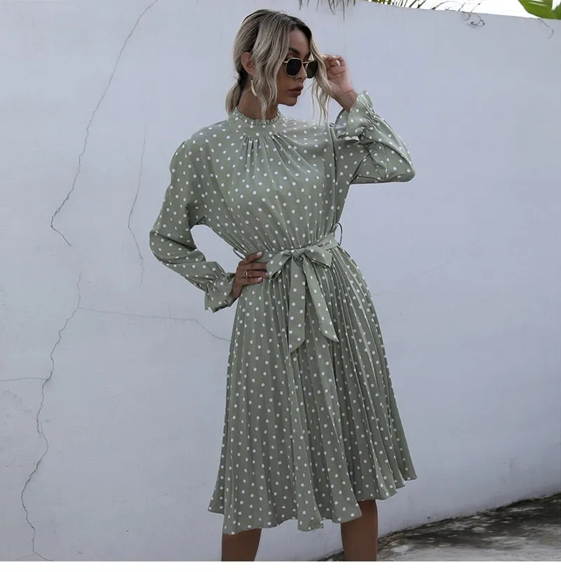 Boho Midi Dress, Vintage Love Polka Dot in White and Green