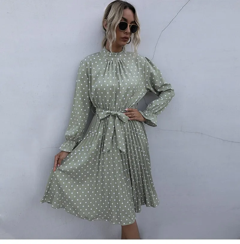 Boho Midi Dress, Vintage Love Polka Dot in White and Green