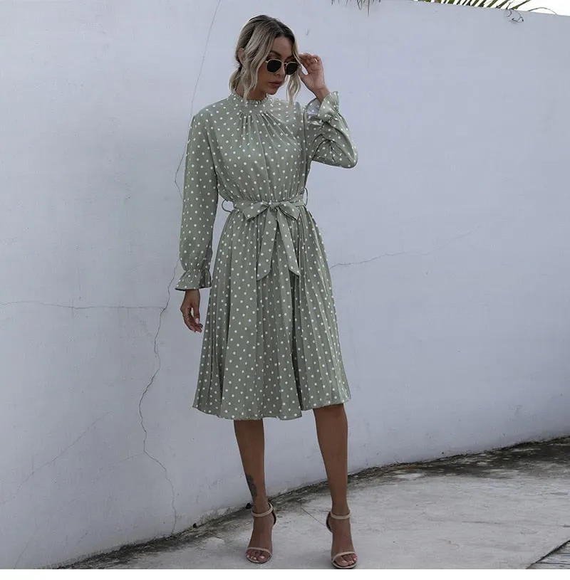Boho Midi Dress, Vintage Love Polka Dot in White and Green