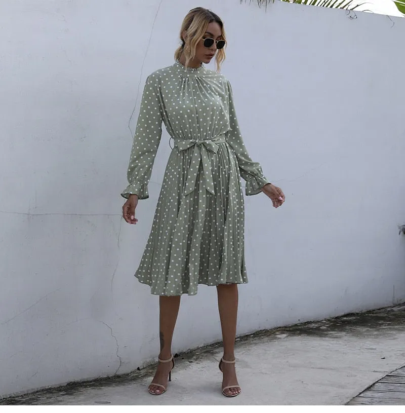 Boho Midi Dress, Vintage Love Polka Dot in White and Green