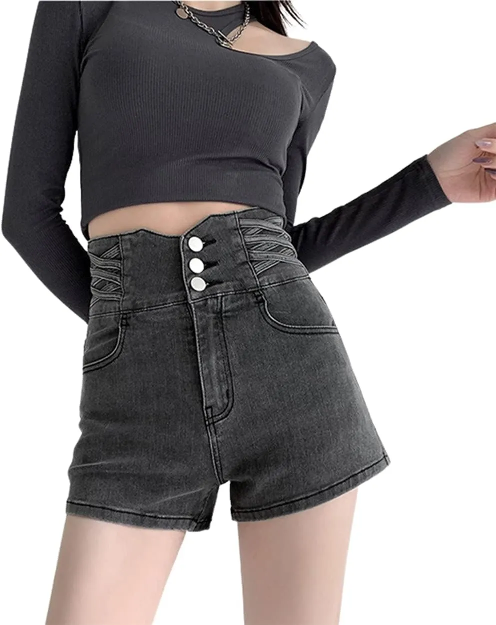 CHARTOU Women's High Waisted Button Front Wide Leg Stretchy Sexy Short Denim Jean Shorts