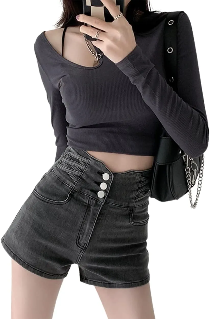 CHARTOU Women's High Waisted Button Front Wide Leg Stretchy Sexy Short Denim Jean Shorts