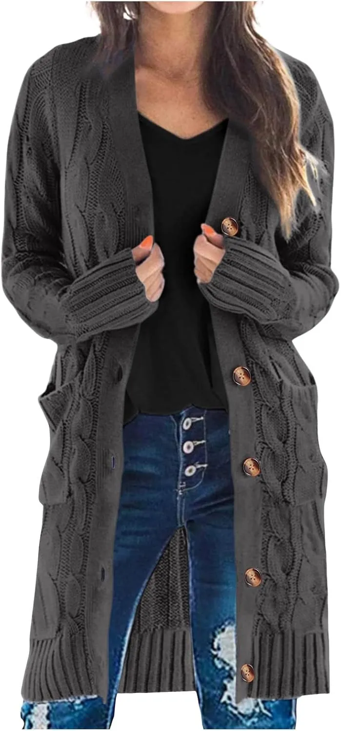 Chunky Knit Long Cardigans for Women Soft Open Front Button Down Sweaters Outerwear Trendy Loose Fall Clothes Coats