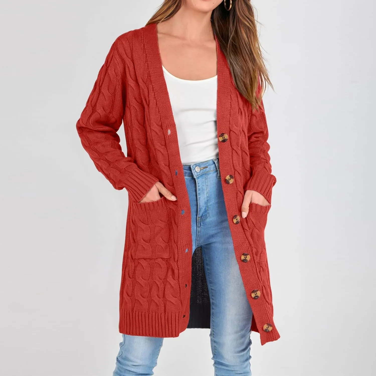Chunky Knit Long Cardigans for Women Soft Open Front Button Down Sweaters Outerwear Trendy Loose Fall Clothes Coats