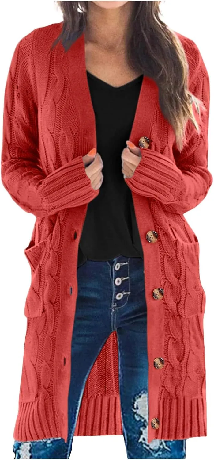 Chunky Knit Long Cardigans for Women Soft Open Front Button Down Sweaters Outerwear Trendy Loose Fall Clothes Coats