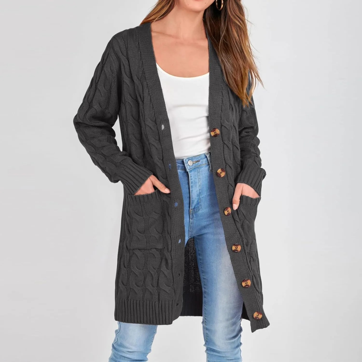 Chunky Knit Long Cardigans for Women Soft Open Front Button Down Sweaters Outerwear Trendy Loose Fall Clothes Coats