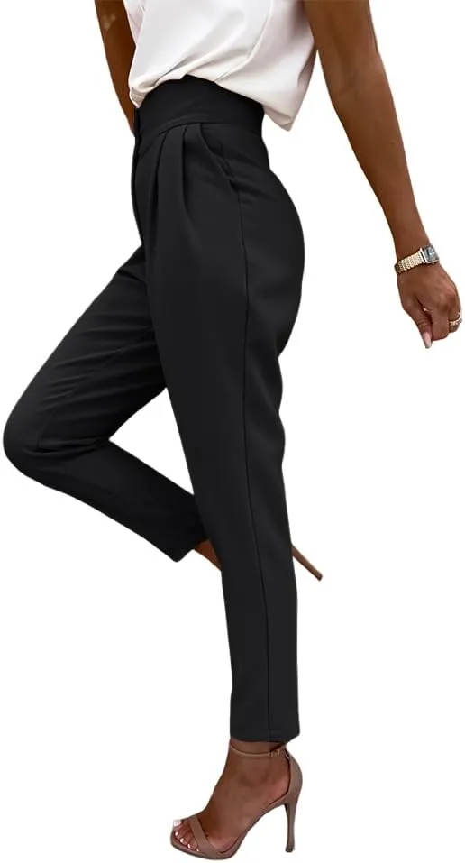 Cicy Bell Women Casual High Waisted Pants Straight Leg Work Office Dress Pants Fold Pleated Trousers with Pockets