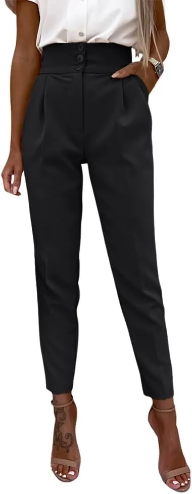 Cicy Bell Women Casual High Waisted Pants Straight Leg Work Office Dress Pants Fold Pleated Trousers with Pockets