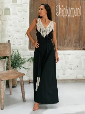 Cotton Boho Fringe Dress for Women / Black