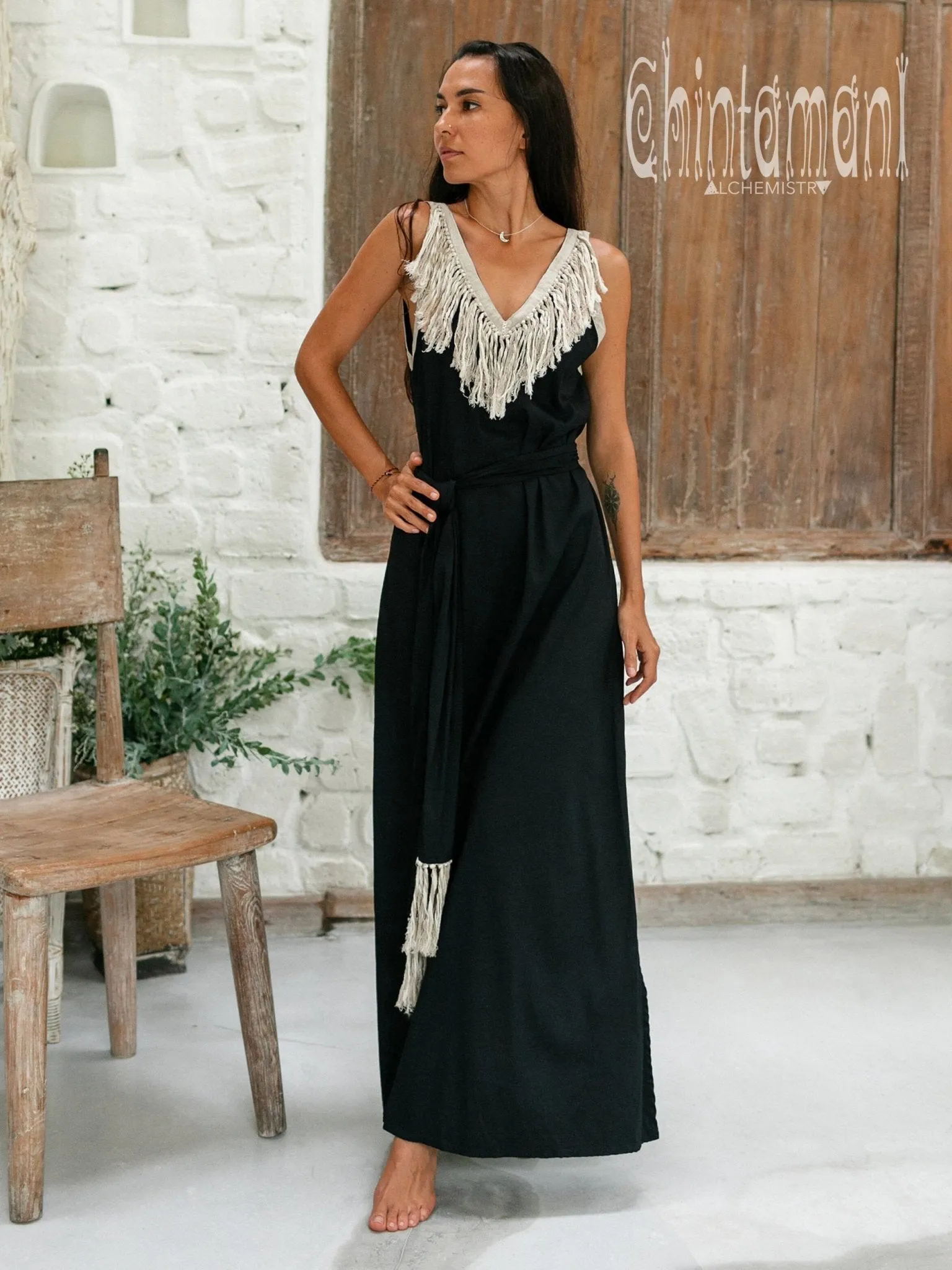 Cotton Boho Fringe Dress for Women / Black