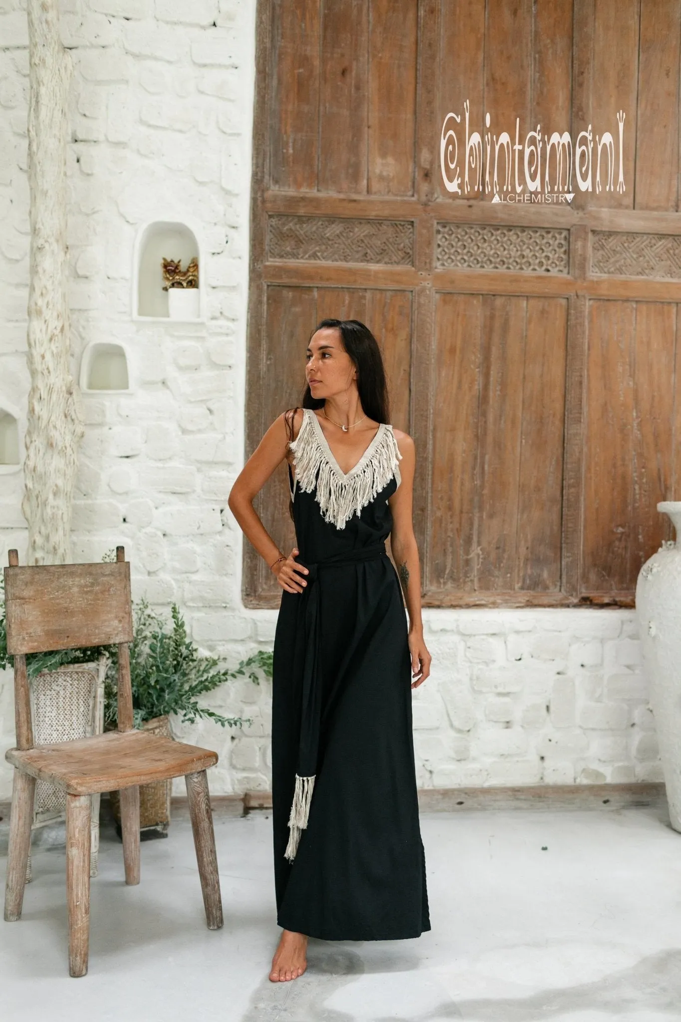 Cotton Boho Fringe Dress for Women / Black