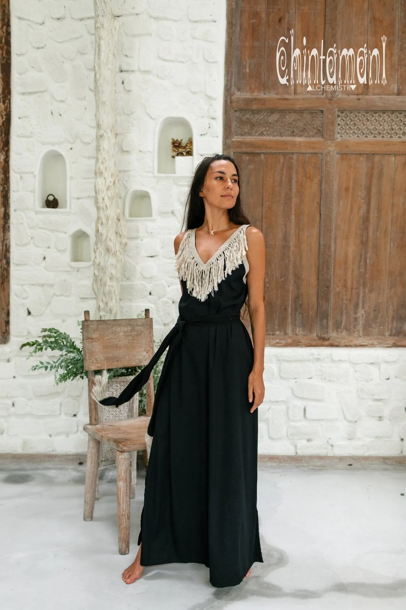 Cotton Boho Fringe Dress for Women / Black